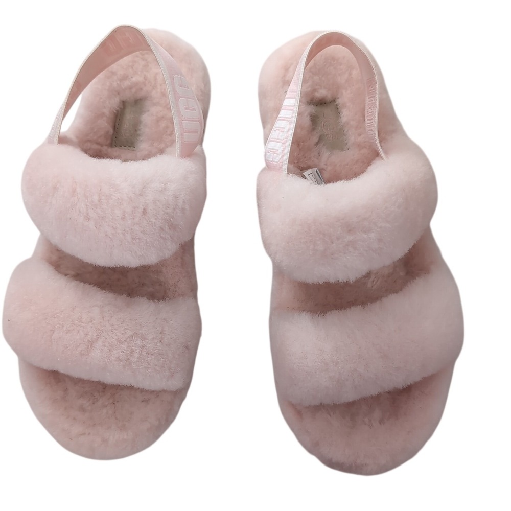 UGG Oh Yeah Pink Sheepskin Slide Sandals Logo Strap Slipper 1107953 Womens 7